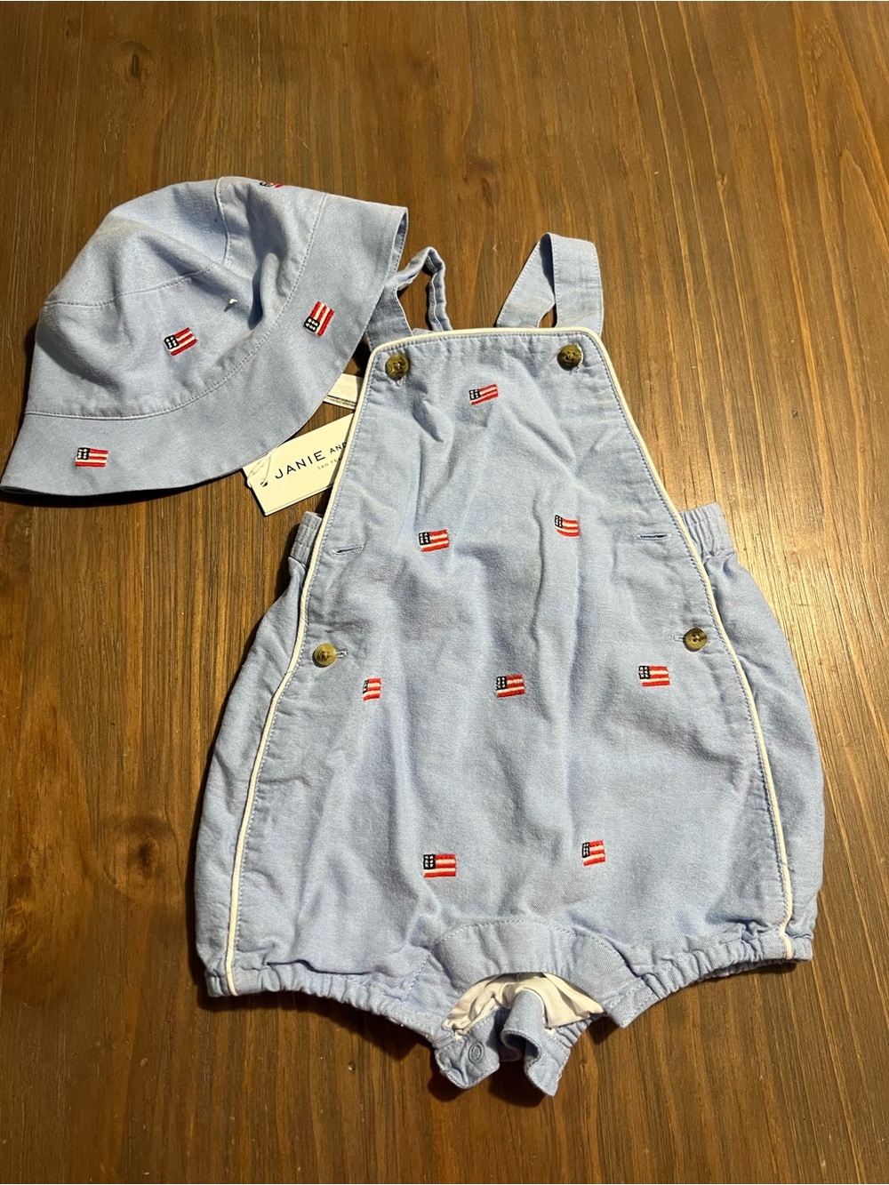 Janie and Jack 4th of July Light Blue Embroidered Romper with Matching Hat
